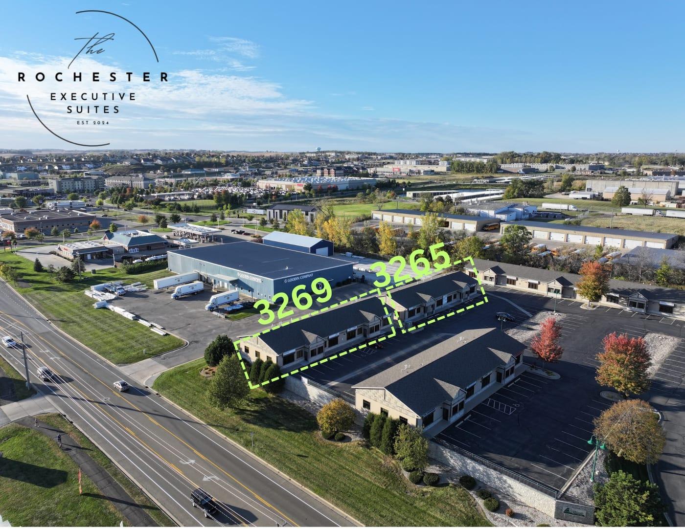 Labeled aerial of the Rochester Executive Suites campus (3265 & 3269)
